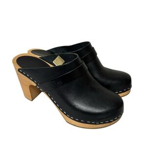 Swedish Hasbeens Black Leather Wooden Clogs